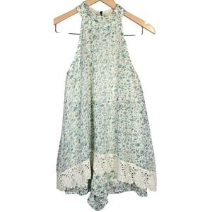 Judith March Floral Lace Trim Halter Romper Shorts‎ Blue White M